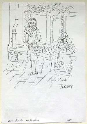 "eine kundin unbesehen" Federzeichnung 2020